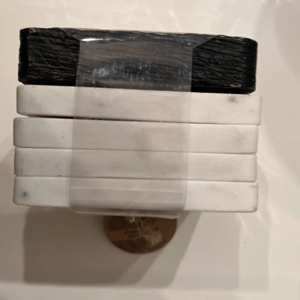 White Marble Coasters Set of 4 with Holder Gift‎ Ready New